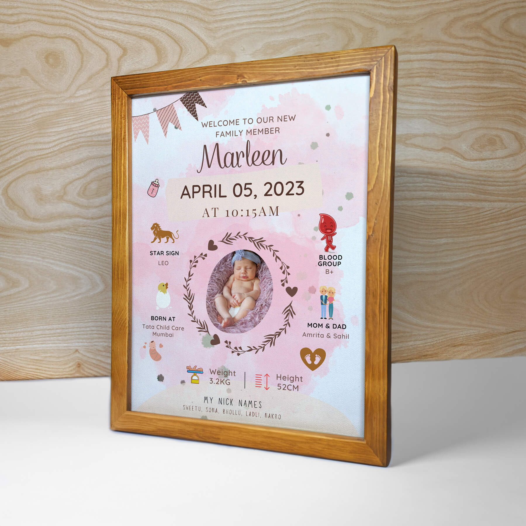 Baby Bio Frame, Baby Birthday Gift, newborn photo frame