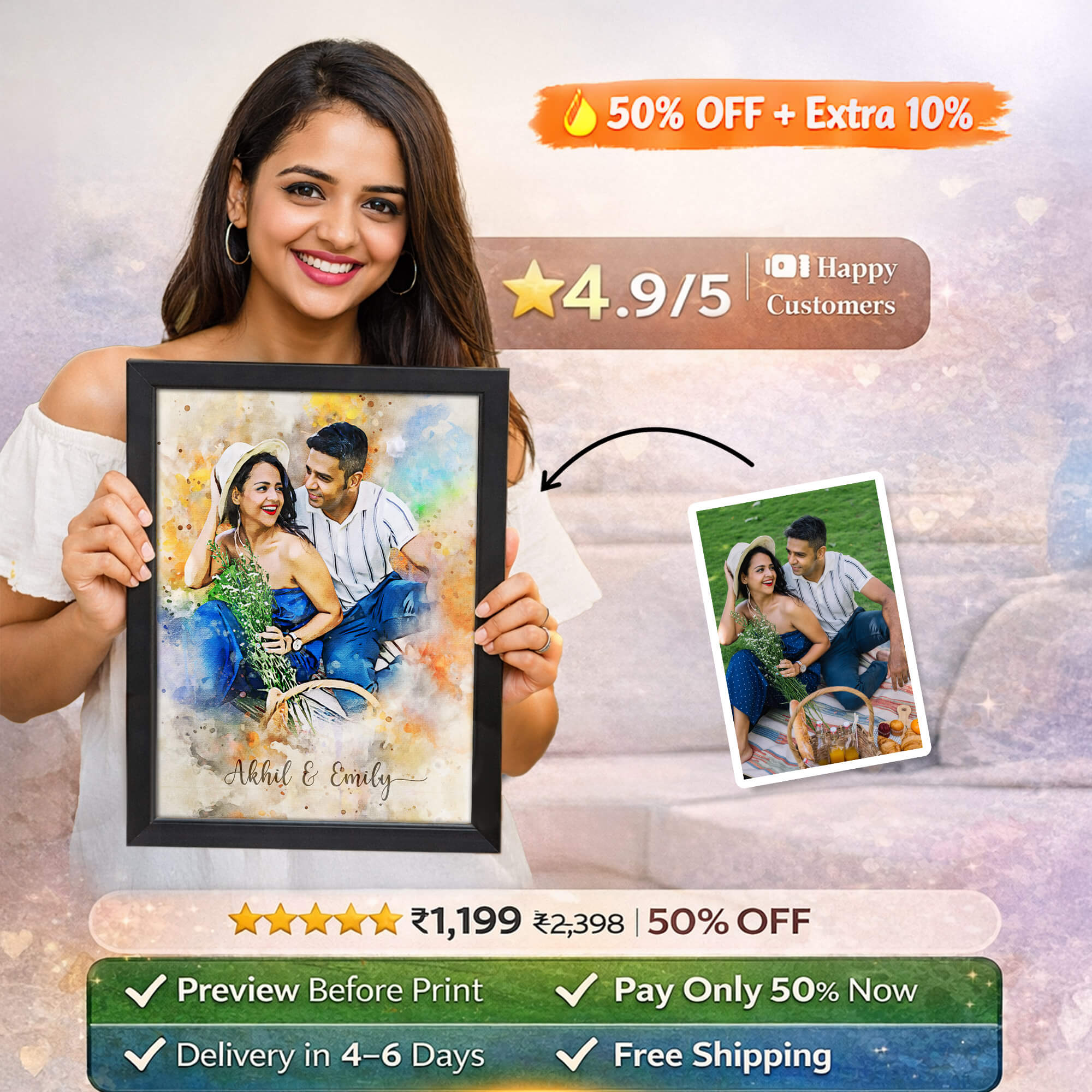 Watercolor Portrait Frame - Personalized Gift