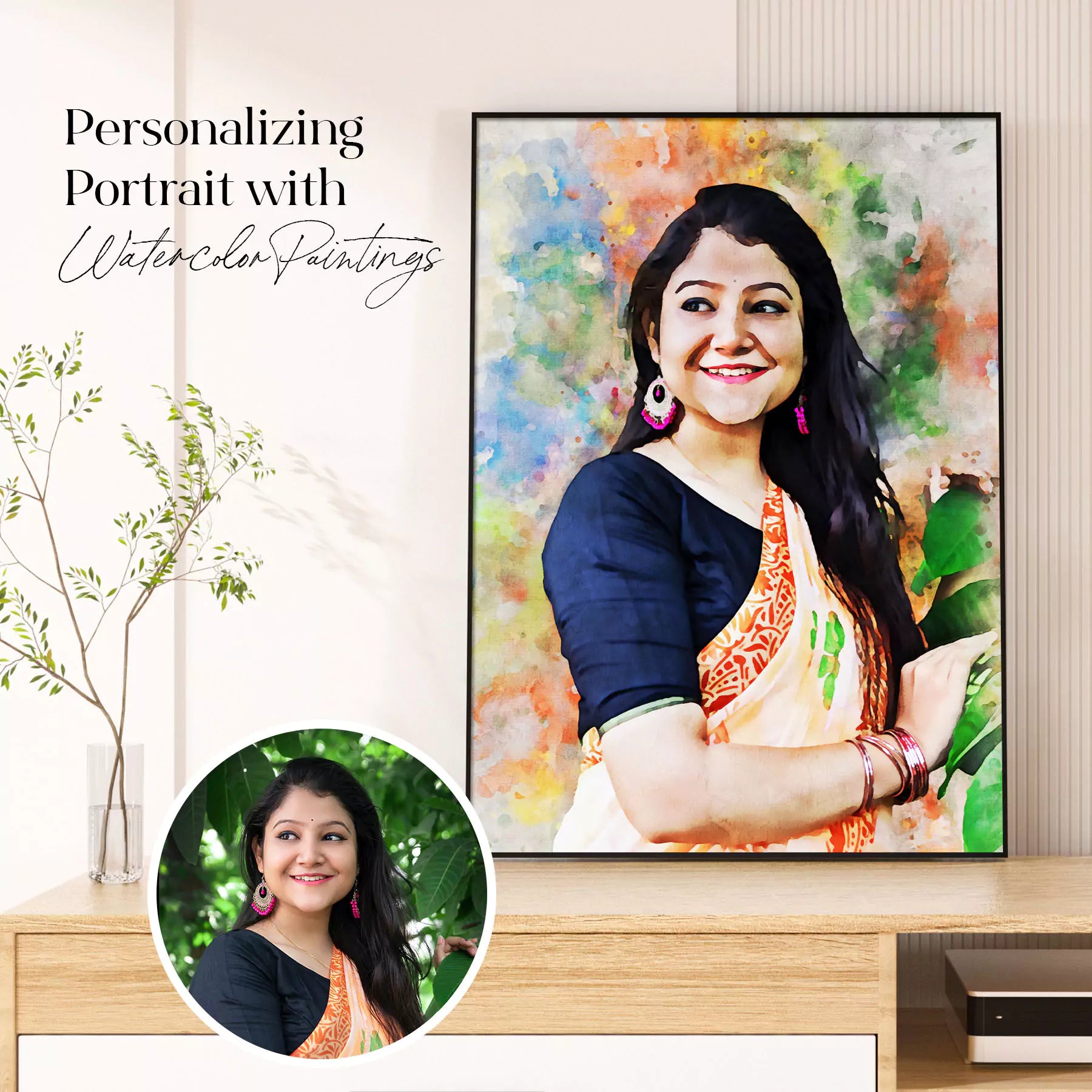 Watercolor Digital Portrait Photo Framed Print